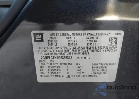 2016 Chevrolet Equinox Ltz from USA, damaged, VIN 2GNFLGEK1G6335328